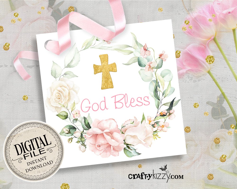 Christian God Bless Favor Tags - Floral Holy Communion party favors – CraftyKizzy for Free Printable First Communion Tags