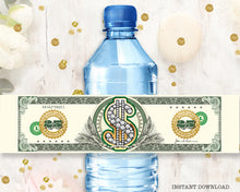 Dollar Bill Water Bottle Wrapper - Birthday Bucks Party Favors - Money Birthday Party Favors - Dollar Sign Labels - Bachelorette 25 50 100