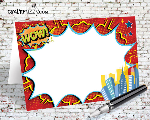 Superhero Birthday Food Tents - DIY Comic Book Table Tent - Printable Place Cards - Buffet Card - INSTANT DOWNLOAD - CraftyKizzy