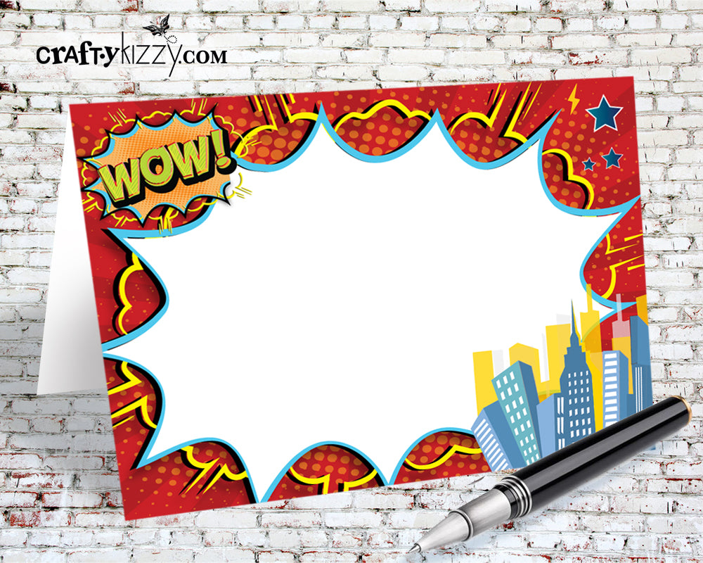 Superhero Birthday Food Tents - DIY Comic Book Table Tent - Printable Place Cards - Buffet Card - INSTANT DOWNLOAD - CraftyKizzy