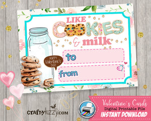 Girl Valentines Cards - Cookies and Milk Girls Valentine's Day Fill In The Blank We go together like Milk & Cookies Printable Classroom Cards - Kids Teachers - INSTANT DOWNLOAD - CraftyKizzy