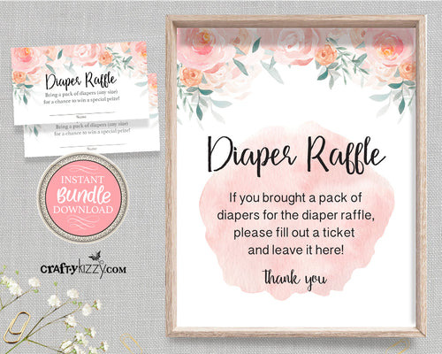 Baby Shower Diaper Raffle Sign And Ticket Bundle - Diaper Raffle Tickets - Rose Themed Party Bundle - Diaper Raffle Sign and Card Game - INSTANT DOWNLOAD