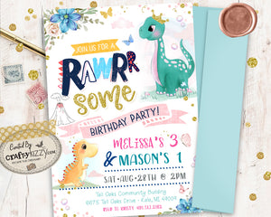 Twins Dinosaur Birthday Invitation Girl - Roarsome Two Pink and Gold Dino Party Invitations - Joint First Second Birthday - Roar Dinosaur