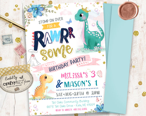 Joint Dinosaur Birthday Invitation Boy Girl- Roarsome Two Pink and Gold Dino Party Invitations - Twins First Second Birthday - Roar Dinosaur