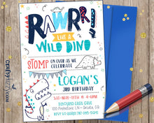 First Birthday Dinosaur Birthday Invitation - Roar Wild Dino Party Invitations - Stomp Chomp Roar - Dinosaur Invitations for Kids