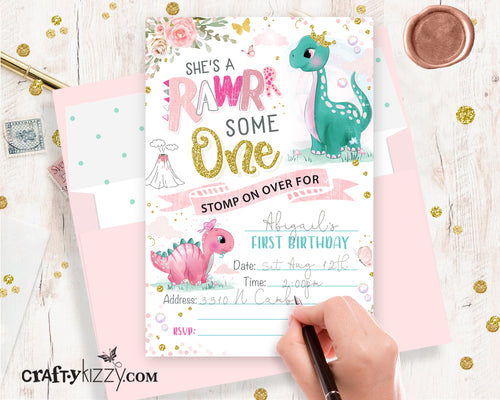 Dinosaur Blank Birthday Invitations - Girl Dinosaur Fill In The Blank Printable Birthday Invitation - First Birthday Blank Invitation