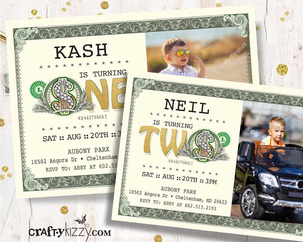 Dollar Bill First Birthday Invitation - Money Invitations Second - Birthday Bucks Party - Printable Cash Invitations - Currency Ticket Invite