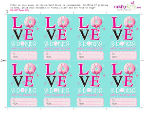 Donut Valentines Day Cards - Love and Donuts Girl Valentine's - Classroom Valentine Printable Cards - INSTANT DOWNLOAD - CraftyKizzy