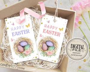 Happy Easter Gift Tags - Teacher Tag - Easter Basket Favor Tags - Robin Eggs Bird Nest - Cookie Tags Watercolor - INSTANT DOWNLOAD