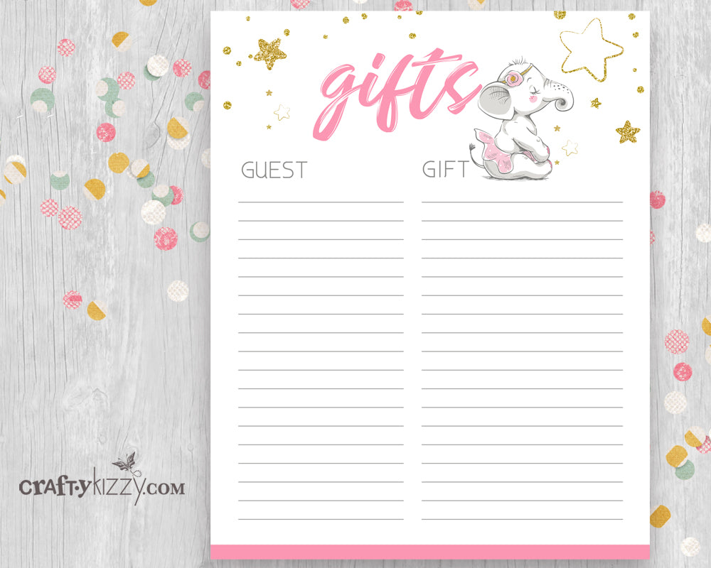 Pink Elephant Baby Shower Gift List Printable - Baby Girl Pink Gift List - INSTANT DOWNLOAD - CraftyKizzy