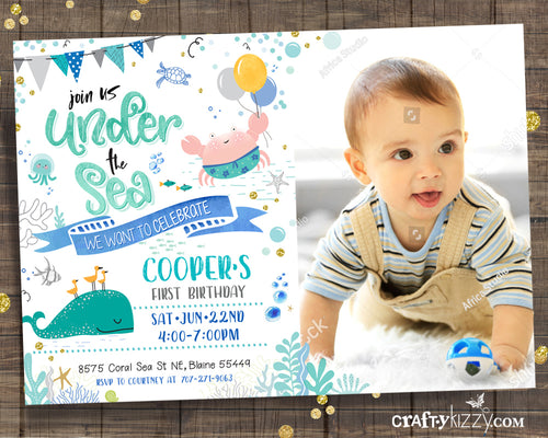 First Birthday Ocean Invitation - Sea Animal Invitations - Under The Sea Party - Nautical - CraftyKizzy