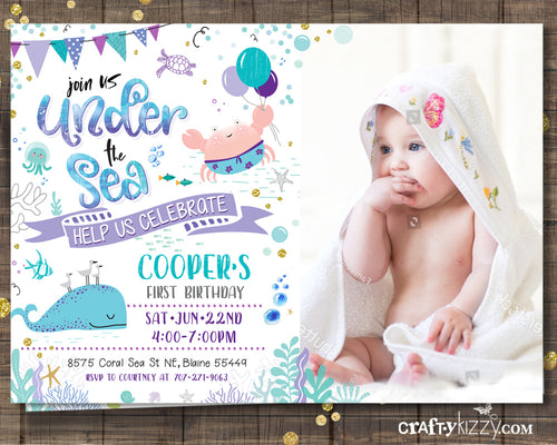 Girls First Birthday Ocean Invitation - Sea Animal Invitations - Purple Teal Under The Sea Party - Nautical - CraftyKizzy