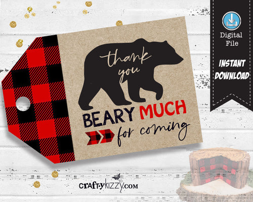 Bear Thank You Favor Tags - Red Flannel Birthday Favors - Lumberjack Baby Shower Favor Tag - INSTANT DOWNLOAD - CraftyKizzy