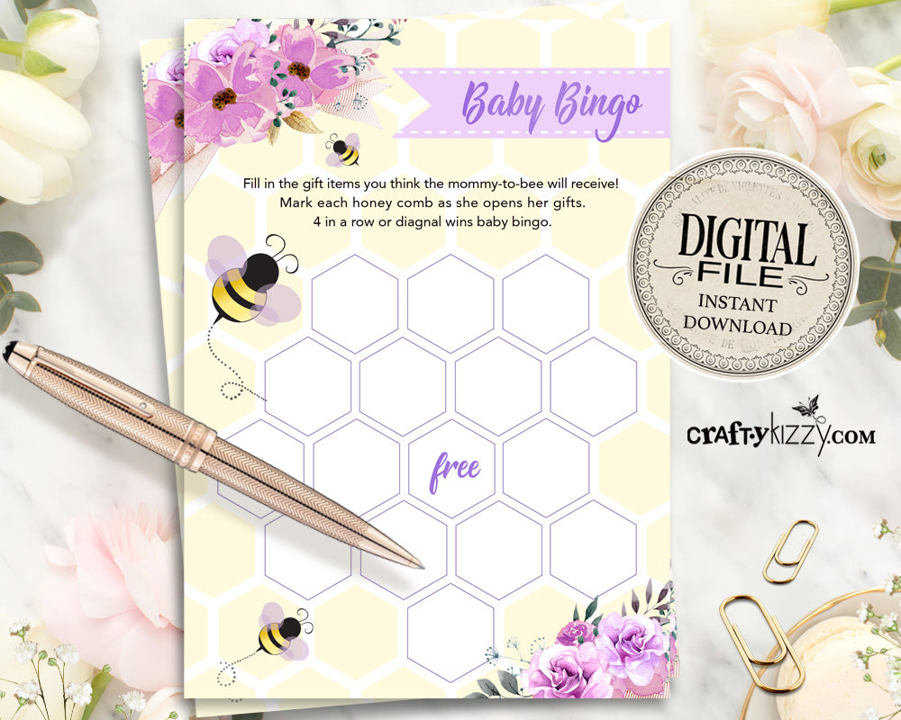Bumble Bee Baby Shower Bingo Cards - Purple Baby Shower Games - Mother To-Bee Activity Purple – Honeycomb Bingo Card - INSTANT DOWNLOAD