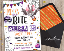 Girl Halloween Birthday Invitation Bat and Candy Invitation for kids Fall Birthday Invitations Join Us For A Bite - CraftyKizzy