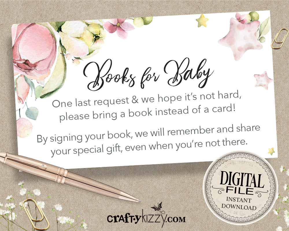 Pink Floral Books For Baby Insert - Girl Baby Shower Book Request - Babies Library Insert - Greenery - INSTANT DOWNLOAD