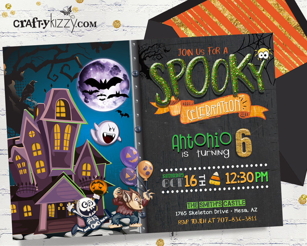 Spooky Boy Halloween Birthday Invitation - Skeleton Warewolf Ghost Invitations - CraftyKizzy