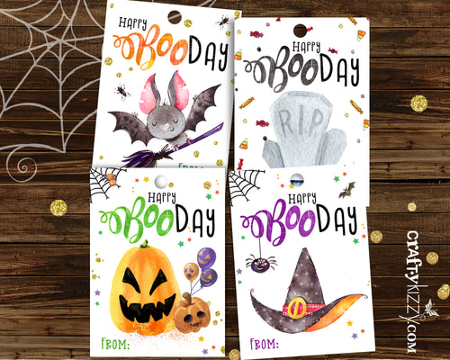 Halloween Birthday Tags - Kids Happy Booday Favor Tags - Printable Halloween Gift Tags - DIY INSTANT DOWNLOAD - CraftyKizzy