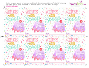 Here's the Scoop Girl Valentines Day Card - Girls Valentine's Day Cards Classroom Exchange Cards - INSTANT DOWNLOAD - CraftyKizzy