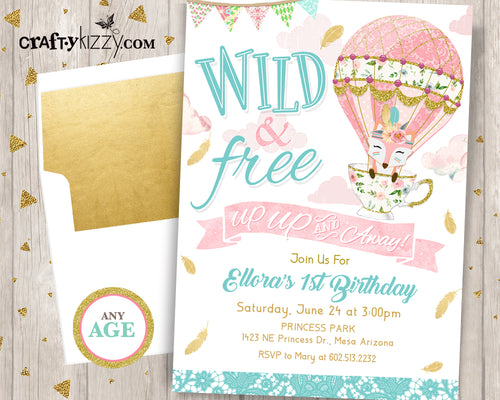 Up Up and Away First Birthday Invitation - Girl Wild and Free Hot Air Balloon Birthday Invitations Boho Shabby Chic Printable Invite - CraftyKizzy