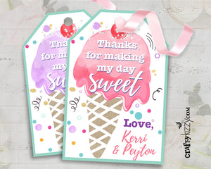 Ice Cream Favor Tags - Girl Ice Cream Thank You Tags - Watercolor Party Favors Personalized Ice Cream Party Printables #9999
