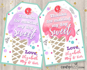 Ice Cream Favor Tags - Girl Ice Cream Thank You Tags - Watercolor Party Favors Personalized Ice Cream Party Printables #9999