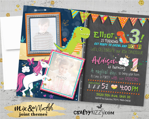 Unicorn and Dinosaur Joint Birthday Invitation - Modern Unicorns and Rainbows Invitations - Twins - Dino Party - Girl Boy - CraftyKizzy