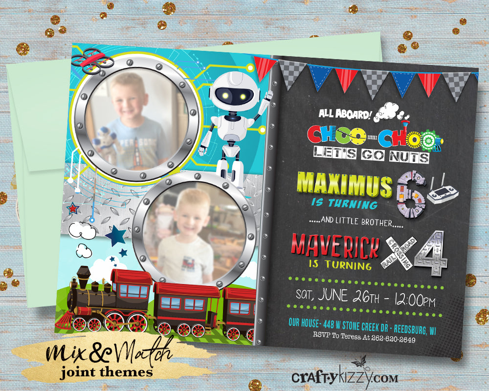 Modern Robot Joint Birthday invitation