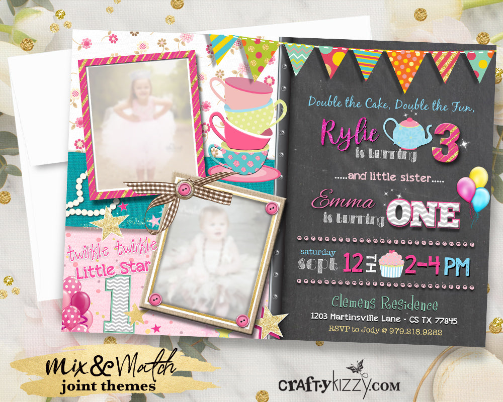 Joint Tea Party Birthday Invitations - Joint Girl Twinkle Twinkle First Birthday Invitation - Twin Girls Invitation - CraftyKizzy