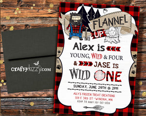 Joint Wilderness Birthday Invitation - Boy Red Lumberjack Flannel Invitations - Wild One Three - Bear Invitation - Buffalo Plaid - CraftyKizzy