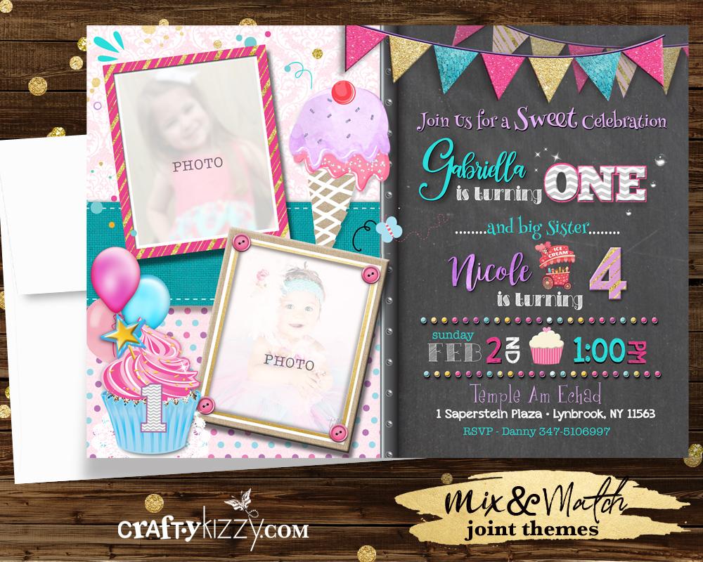 Ice Cream Sibling Girls Birthday Invitation - Sweet Treats Girl Joint Birthday Invitations - Cupcake Printable Party Invite - CraftyKizzy