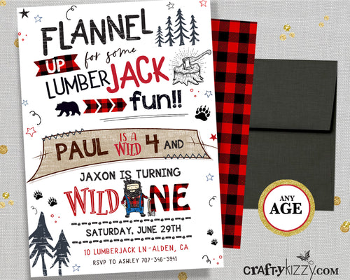 Joint Lumberjack Birthday Invitation - Boy Red Flannel Sibling Invitations - Wild One Three - Bear Invitation - Baffalo Plaid - CraftyKizzy
