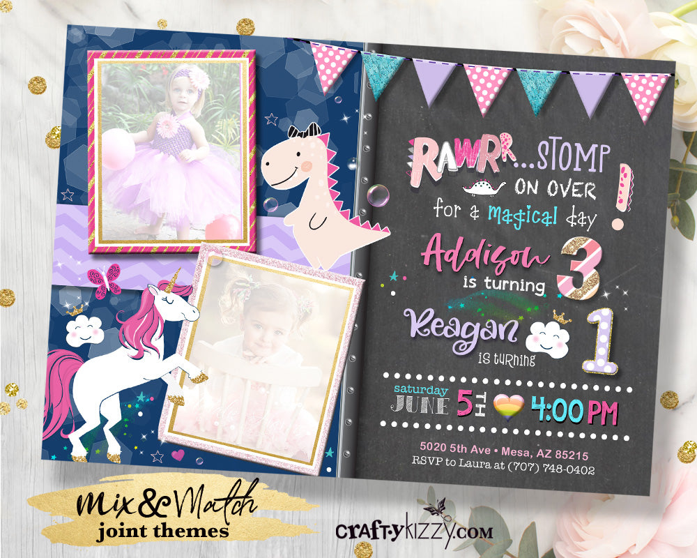 Girl Dinosaur and Unicorn Joint Birthday Invitation - Rawr Dinosaur First Birthday Joint Invitations - Magical Dino Party Invitation - CraftyKizzy