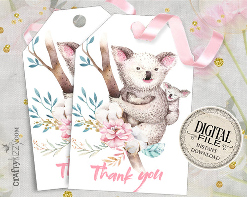 Koala Baby Shower Thank You Tags - Koala Bear Birthday Party Favor Tag - Girl Koala Bear Favors  - INSTANT DOWNLOAD