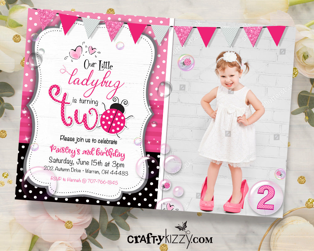 Ladybug Birthday Invitation - Pink Ladybug Second Birthday Invitations - Printable First Birthday Invitations - CraftyKizzy