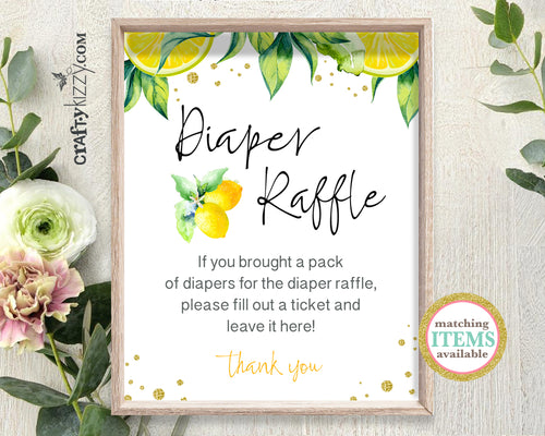 Gender Neutral Baby Shower Diaper Raffle Sign - Mommy To Be Game Sign Lemon - Citrus Diaper Game Printable Table Signs - INSTANT DOWNLOAD