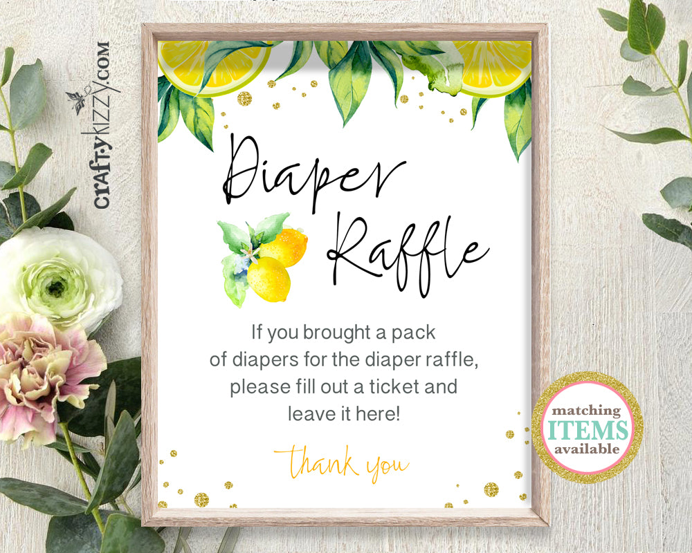 Gender Neutral Baby Shower Diaper Raffle Sign - Mommy To Be Game Sign Lemon - Citrus Diaper Game Printable Table Signs - INSTANT DOWNLOAD