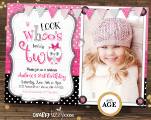 Look Who's First Birthday Owl Invitation - Girl Whoo Second Birthday Invitations - Printable Pink Owl - CraftyKizzy