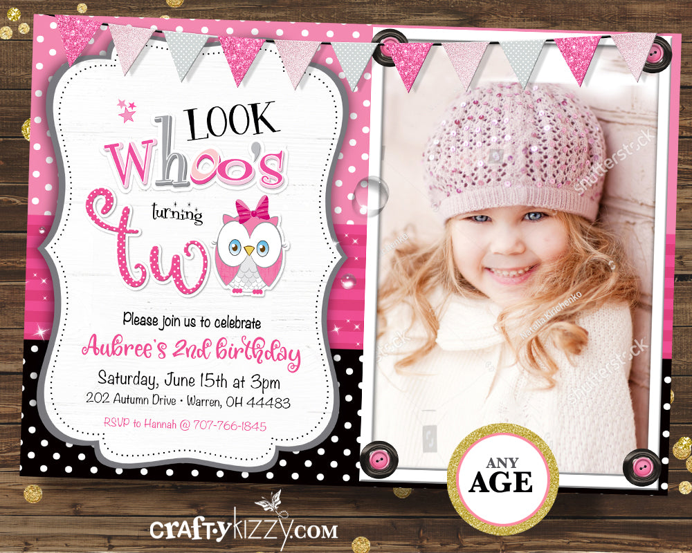 Look Who's First Birthday Owl Invitation - Girl Whoo Second Birthday Invitations - Printable Pink Owl - CraftyKizzy