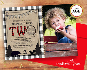 Black and White Lumberjack First Birthday Invitation - Rustic Bear Invitations - Boy 2nd Birthday Wild One - Red Plaid - CraftyKizzy