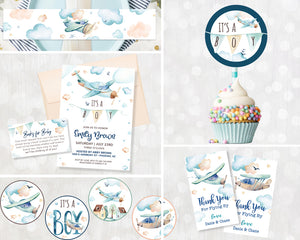Airplane Baby Shower Insert Cards - Books For Baby Aviation Insert Card - Baby Boy Book Request Library Insert - Watercolor Blue and Yellow Insert Card - INSTANT DOWNLOAD