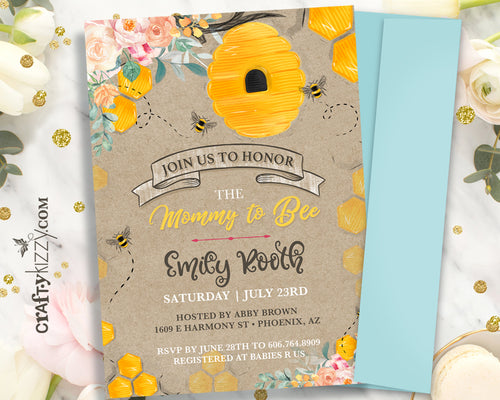 Rustic Bumble Bee Baby Shower Invitations - Mommy To Bee Baby Shower Invitation - Girl Honey Bee Party - Personalized - CraftyKizzy
