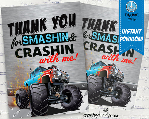 Blue Monster Truck Thank You Tags - Green Monster Truck Party Favor Gift Tags - INSTANT DOWNLOAD - CraftyKizzy