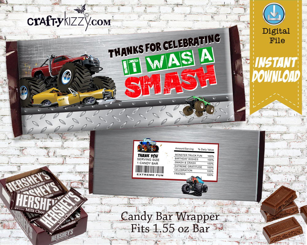 Boy Monster Truck Candy Bar Wrapper - Monster Truck Diamond Plate Thank You Birthday Party Favors - INSTANT DOWNLOAD - CraftyKizzy