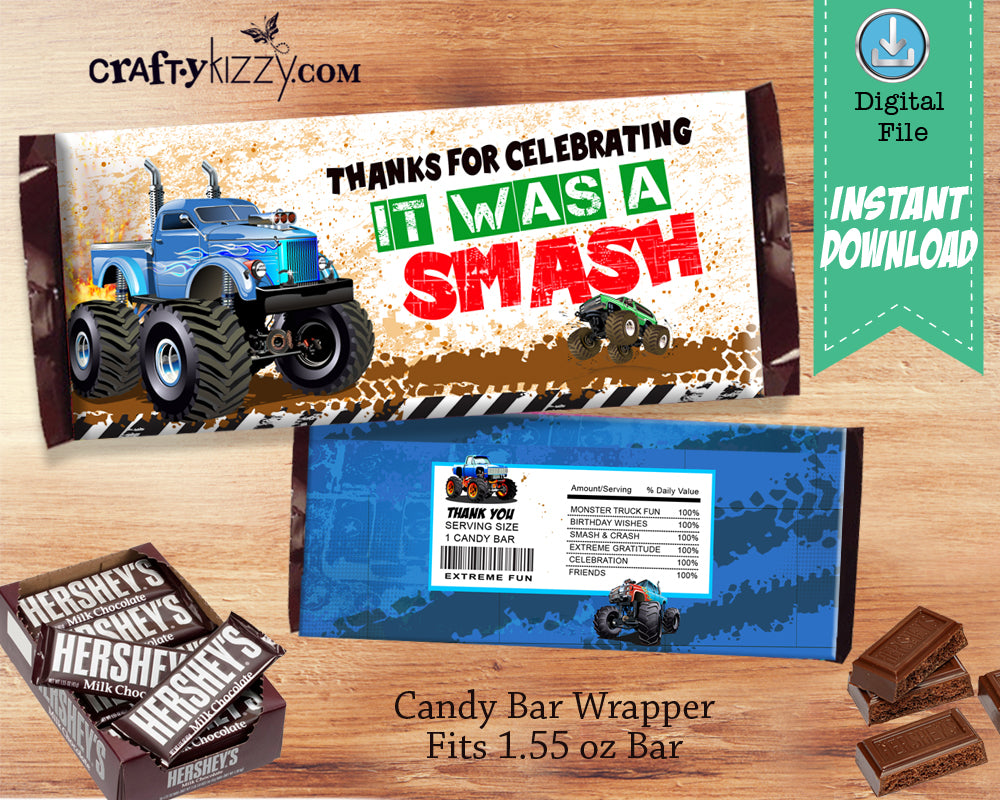 Blue Monster Truck Candy Bar Wrapper - Monster Truck Thank You Birthday Party Favors - INSTANT DOWNLOAD - CraftyKizzy