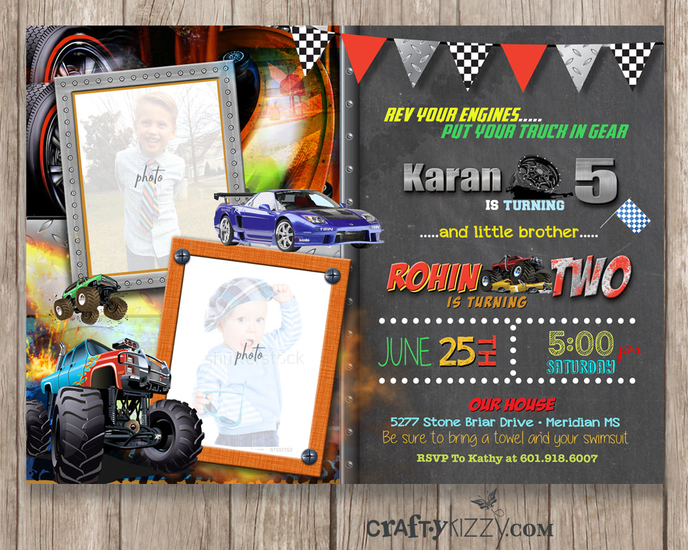 Monster Truck Sibling Birthday Invitation - Race Car Joint Birthday Invitation - Party Printable - Boys – CraftyKizzy for Free Printable Race Car Invitations
