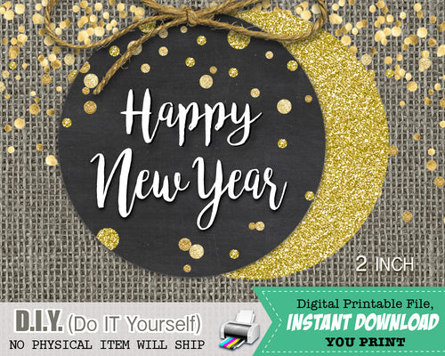 Happy New Years Black & Gold Glitter Confetti Favor Tags - New Year's Eve Favors 2 inch Circles INSTANT DOWNLOAD - CraftyKizzy