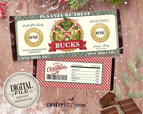 North Pole Santa Bucks - Chocolate Bar Wrapper - Printable Hershey's Bar Label - Christmas Holiday Favors - INSTANT DOWNLOAD