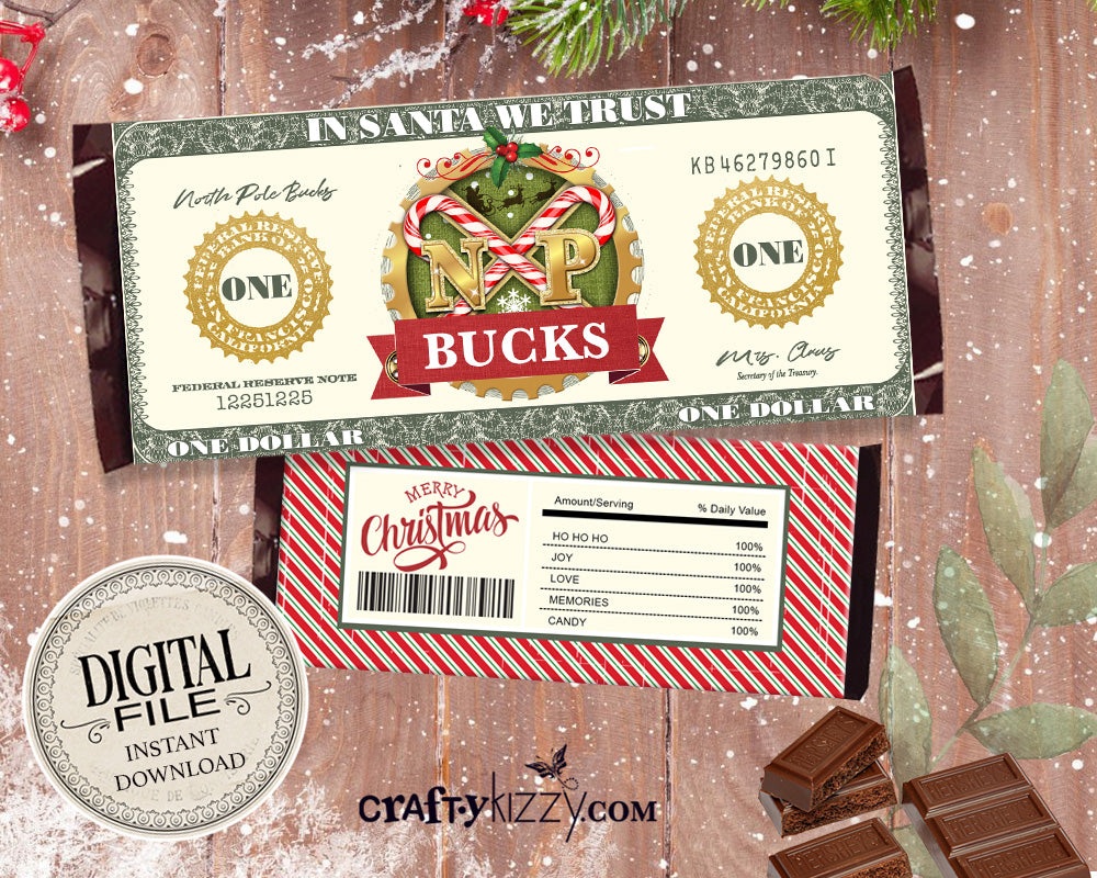 North Pole Santa Bucks - Chocolate Bar Wrapper - Printable Hershey's Bar Label - Christmas Holiday Favors - INSTANT DOWNLOAD