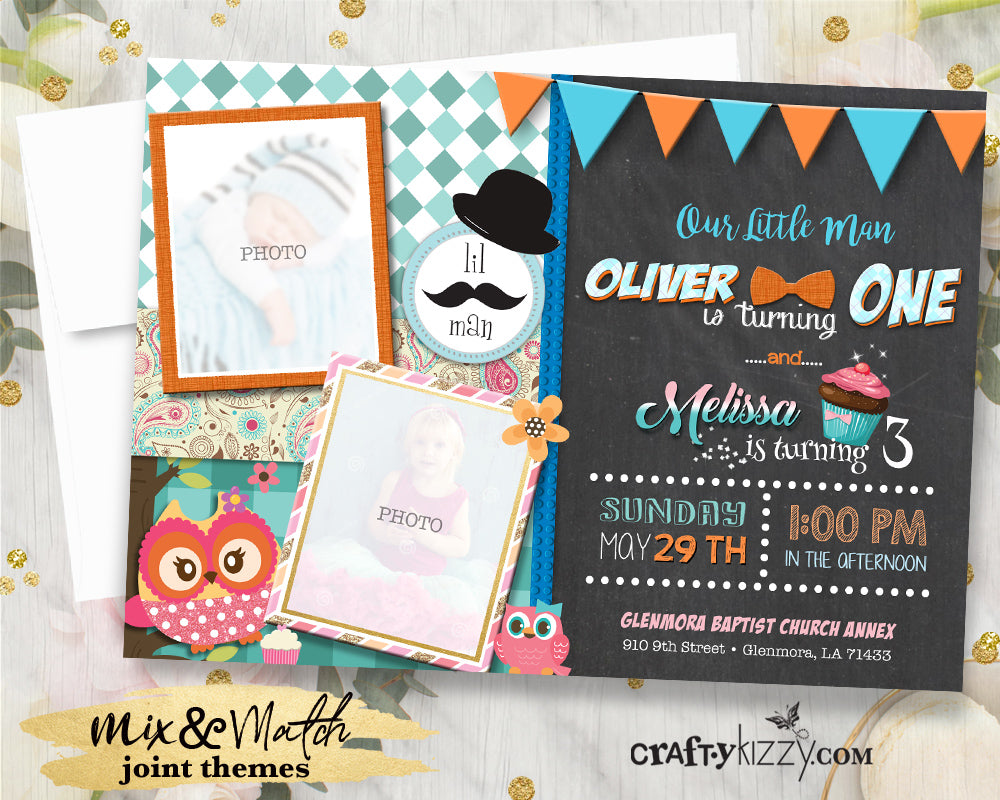 Little Man Joint Birthday Invitation - Look Who's Owl Party Invite Paisley - Our Little Man is Turning One Invitations Girl Boy - CraftyKizzy